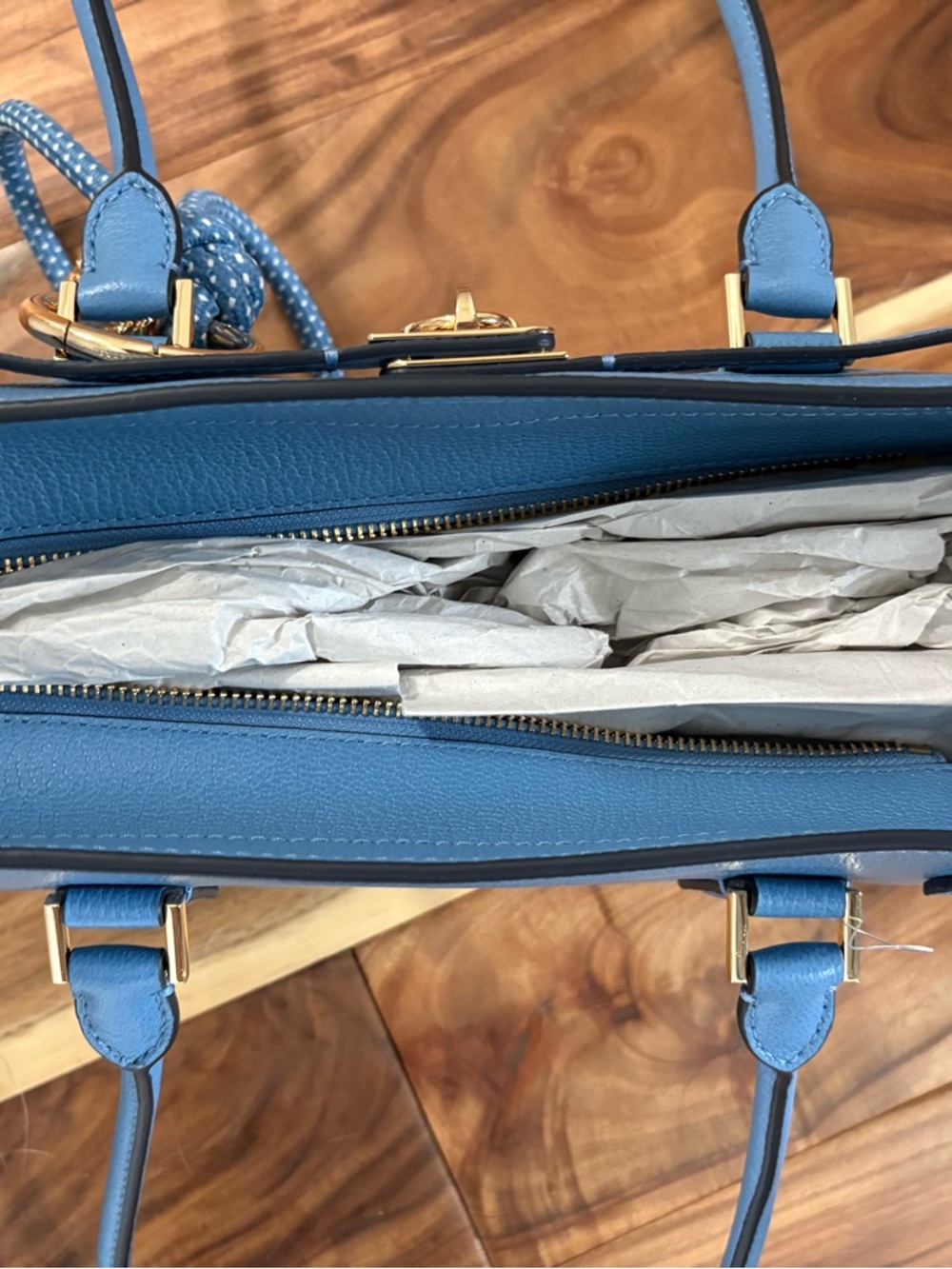 Michael Kors Bright Blue Hamilton Moderne Leather Shoulder Tote Gold Accents - Picture 2 of 5